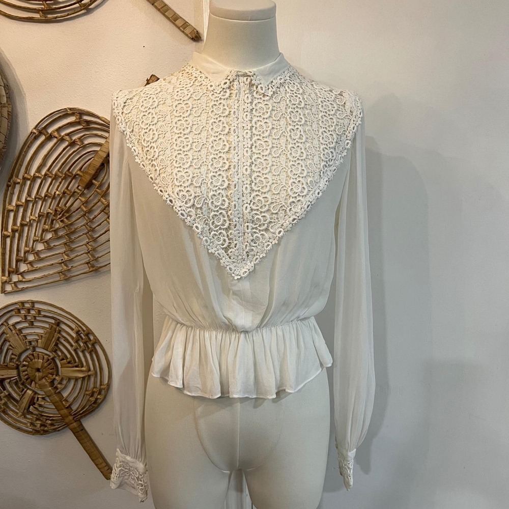 Vintage St Michael Lace Bib Blouse Sheer High Neck Peplum Victorian M